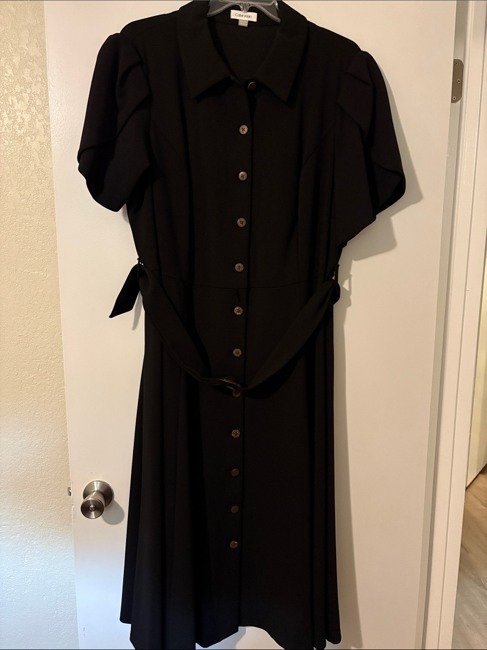 Calvin Klein Black Button-Front Midi Dress with Waist Tie